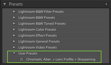 After following the instructions in this post, you will have created your own preset that removes chromatic aberration, apply lens profile correction and some sharpening.
