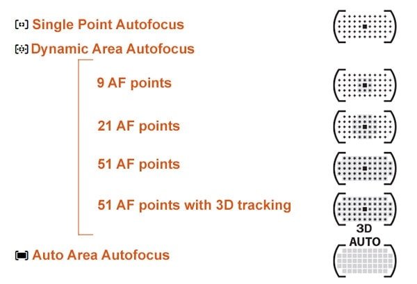 Illustration of AF Area selection on DSLR camera