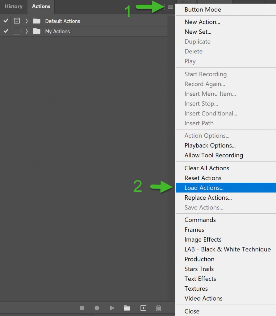 Using the action panel menu to load photoshop actions