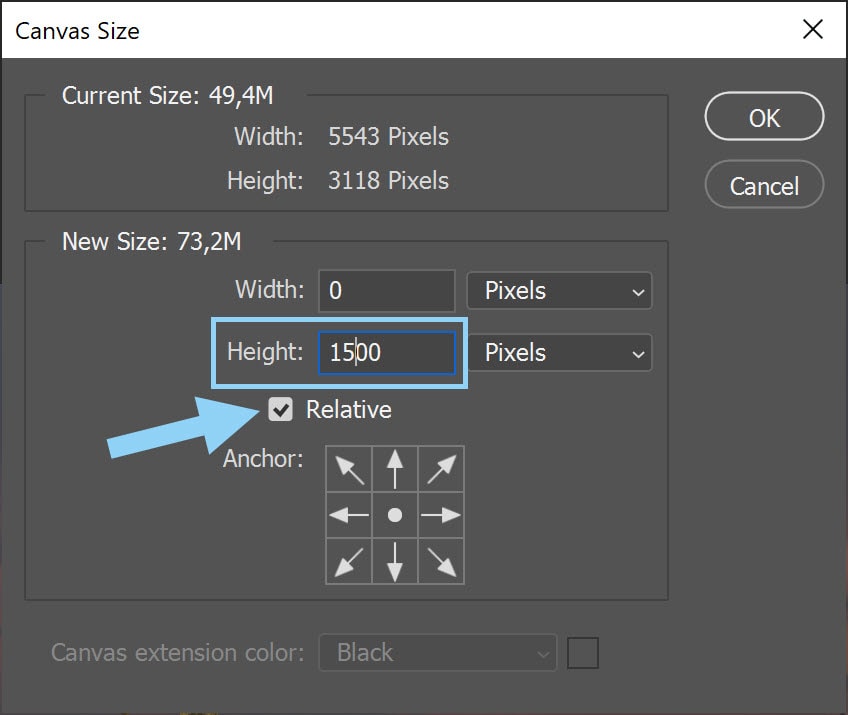 use relative values when changing canvas size in Photoshop